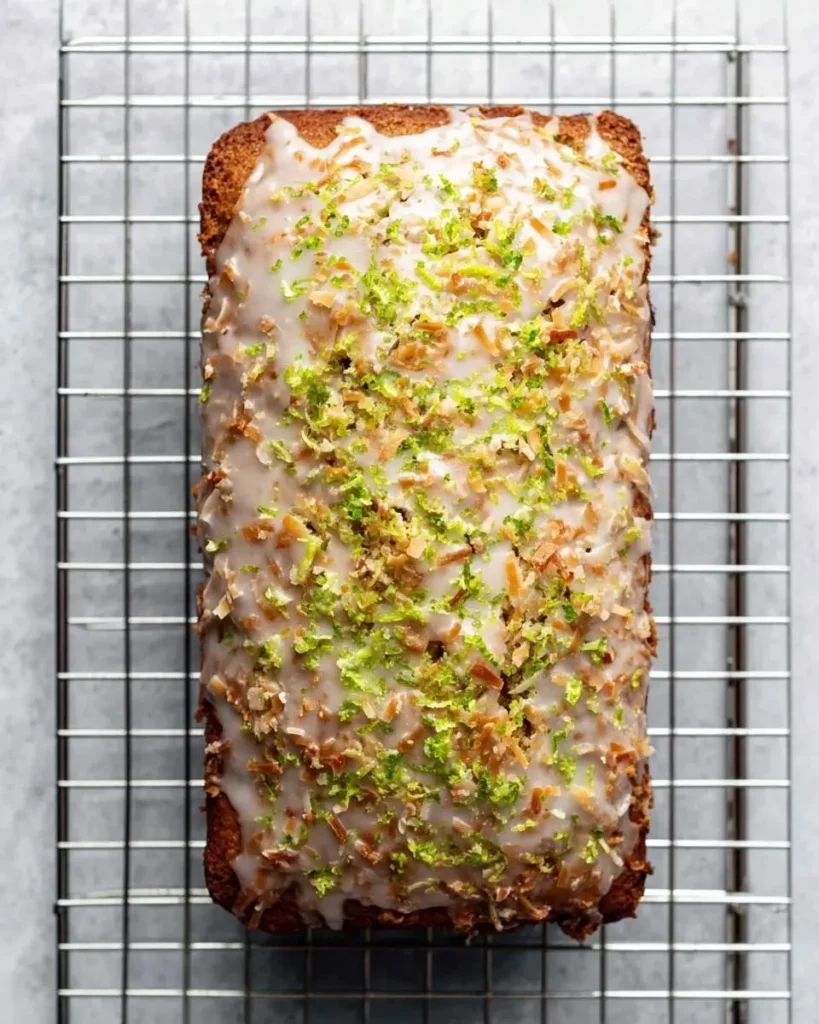 A delicious loaf of Coconut Lime Glazed Banana Bread on a cooling rack, topped with white icing, lime zest, and toasted coconut.