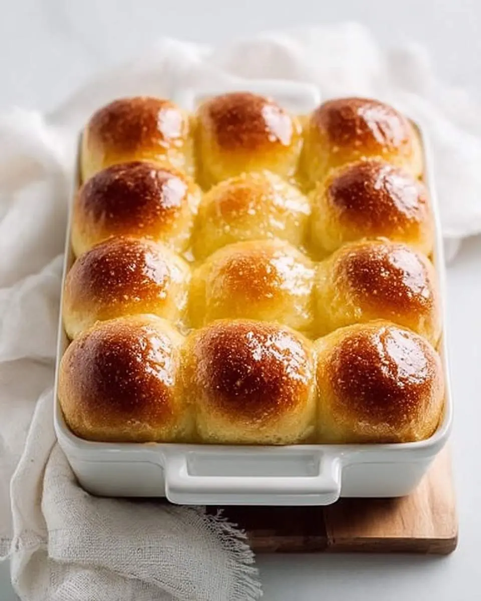 A white baking dish filled with golden brown, glossy Copycat Texas Roadhouse Rolls, resting on a wooden board.