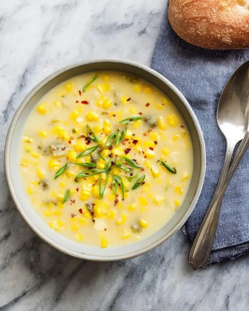 Close-up of a creamy corn soup topped with chopped green onions and red pepper flakes, served with a bread roll and spoons on a marble counter.