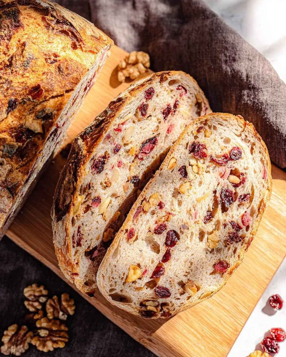Slices of golden-crusted Cranberry Walnut Bread on a wooden board, revealing its rich texture with visible cranberries and walnuts.