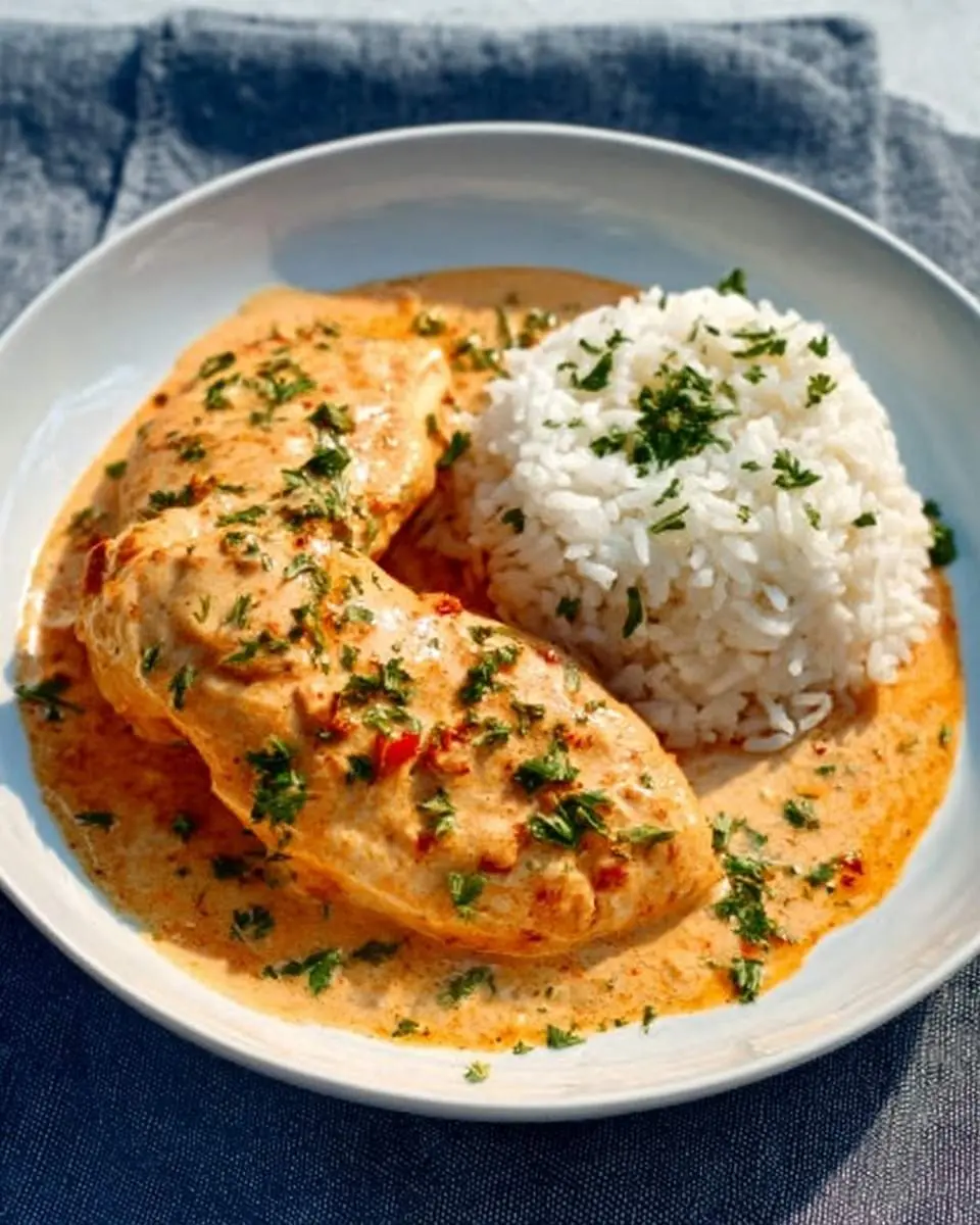 A white plate holds two pieces of creamy paprika chicken in a rich orange sauce, served with a side of fluffy white rice, all garnished with fresh parsley.