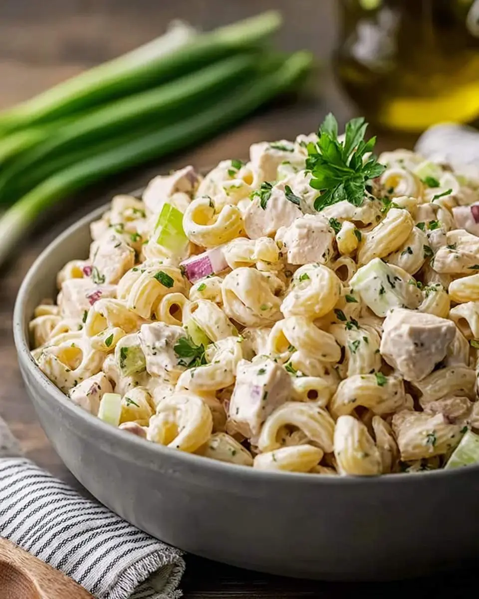 A close-up shot of a delicious bowl of creamy pasta salad with elbow macaroni, chicken pieces, red onion, celery, and fresh parsley.