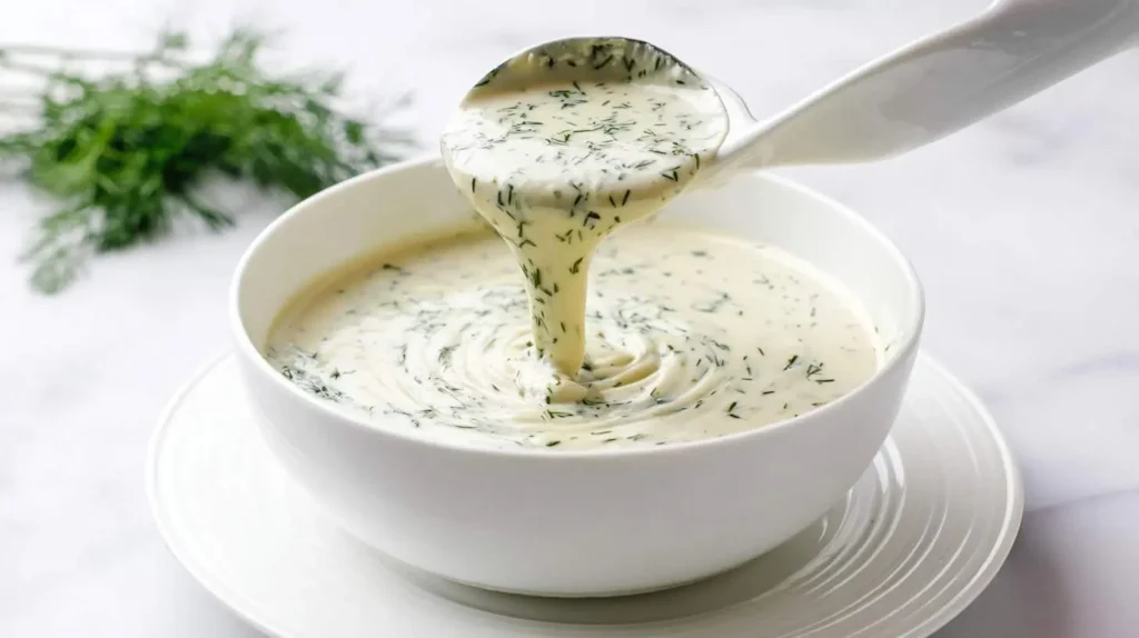 A white spoon pours a rich, herb-speckled Creamy Tarragon Sauce into a white bowl, with blurred fresh herbs in the background.