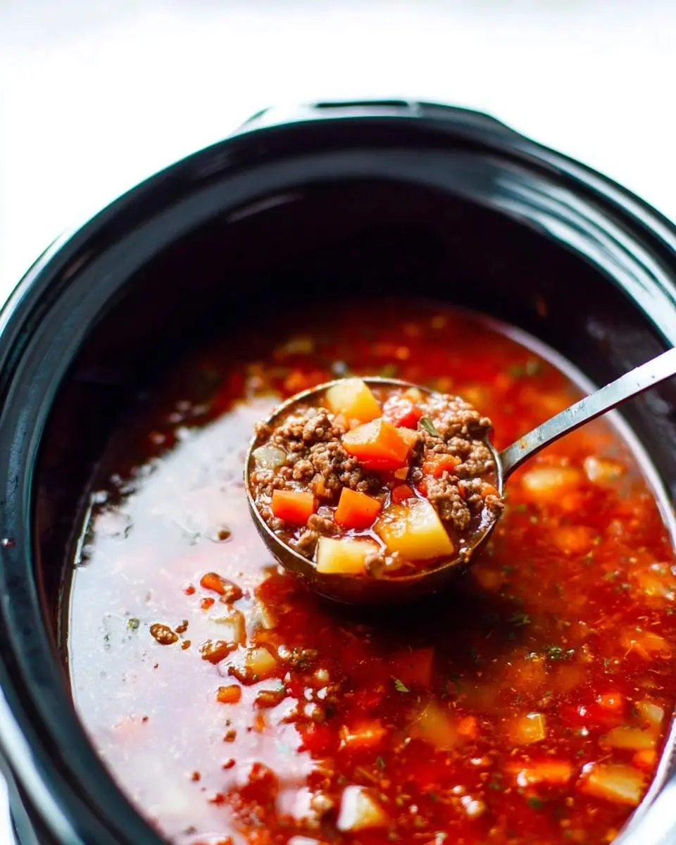 A metal ladle brimming with hearty Crockpot Hamburger Soup, featuring ground beef, diced potatoes, and carrots, held over a black slow cooker.