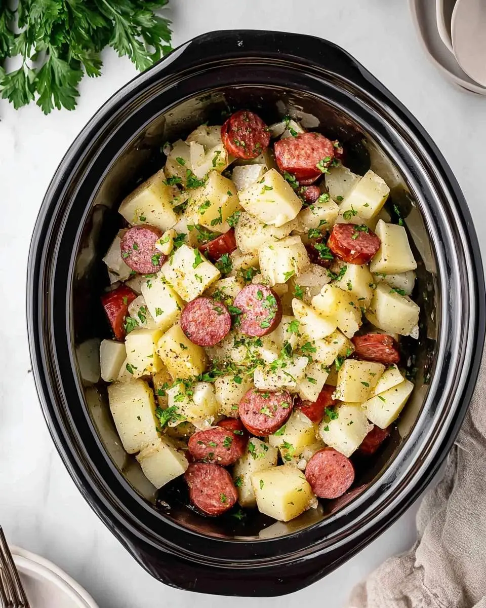 Overhead shot of a black crockpot filled with seasoned Crockpot Potatoes and Kielbasa, garnished with fresh parsley.