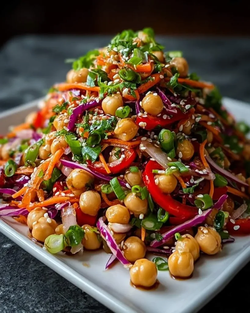 A vibrant and abundant Crunchy Thai Chickpea Salad piled high on a white plate, garnished with sesame seeds and fresh herbs.