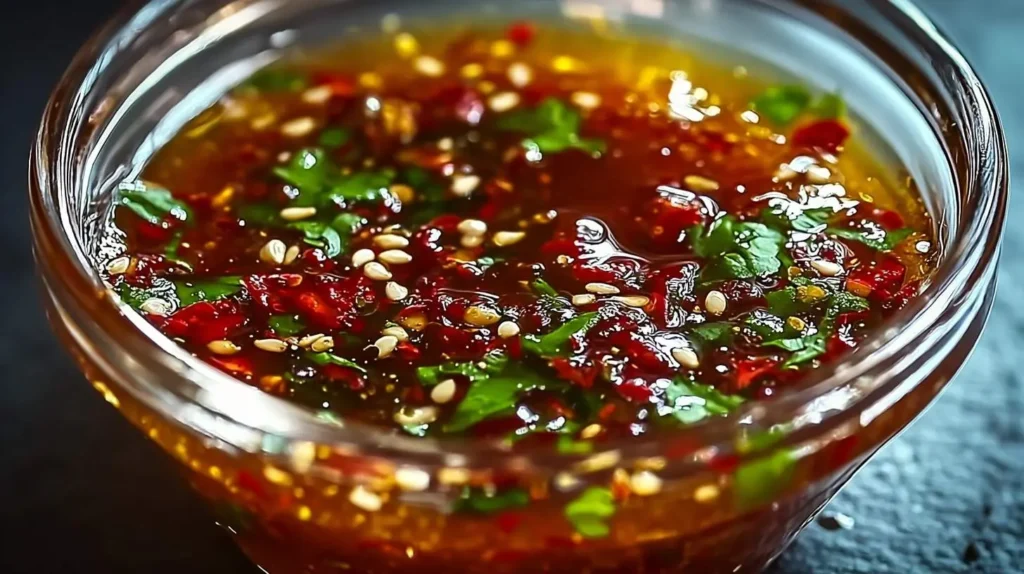 Close-up of a glass bowl filled with a spicy, reddish-brown Dragon Sauce, garnished with green herbs, chili flakes, and sesame seeds.