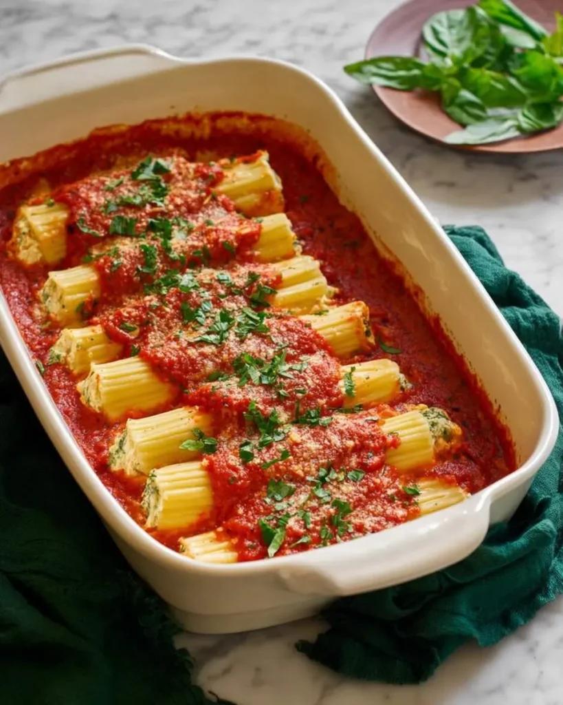 Baked Easy Manicotti stuffed with spinach and ricotta in a white dish, smothered in red sauce, cheese, and fresh parsley.