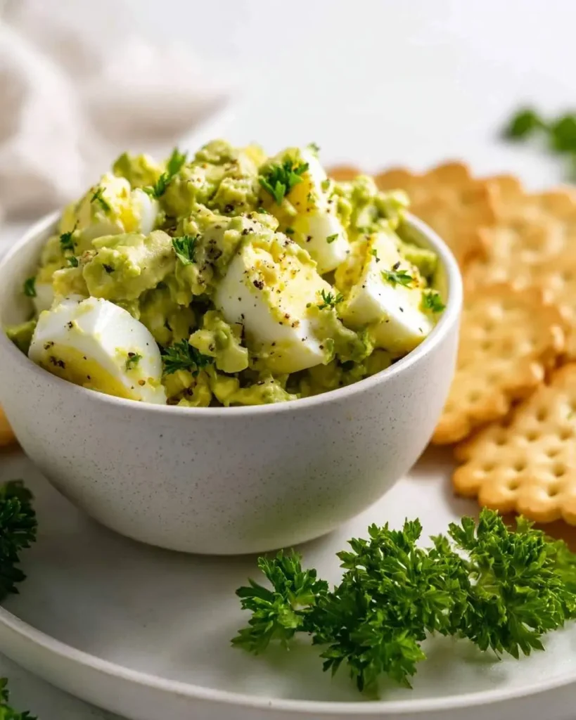 A white bowl brimming with fresh Egg Avocado Salad, garnished with black pepper and parsley, served alongside crackers and parsley sprigs.