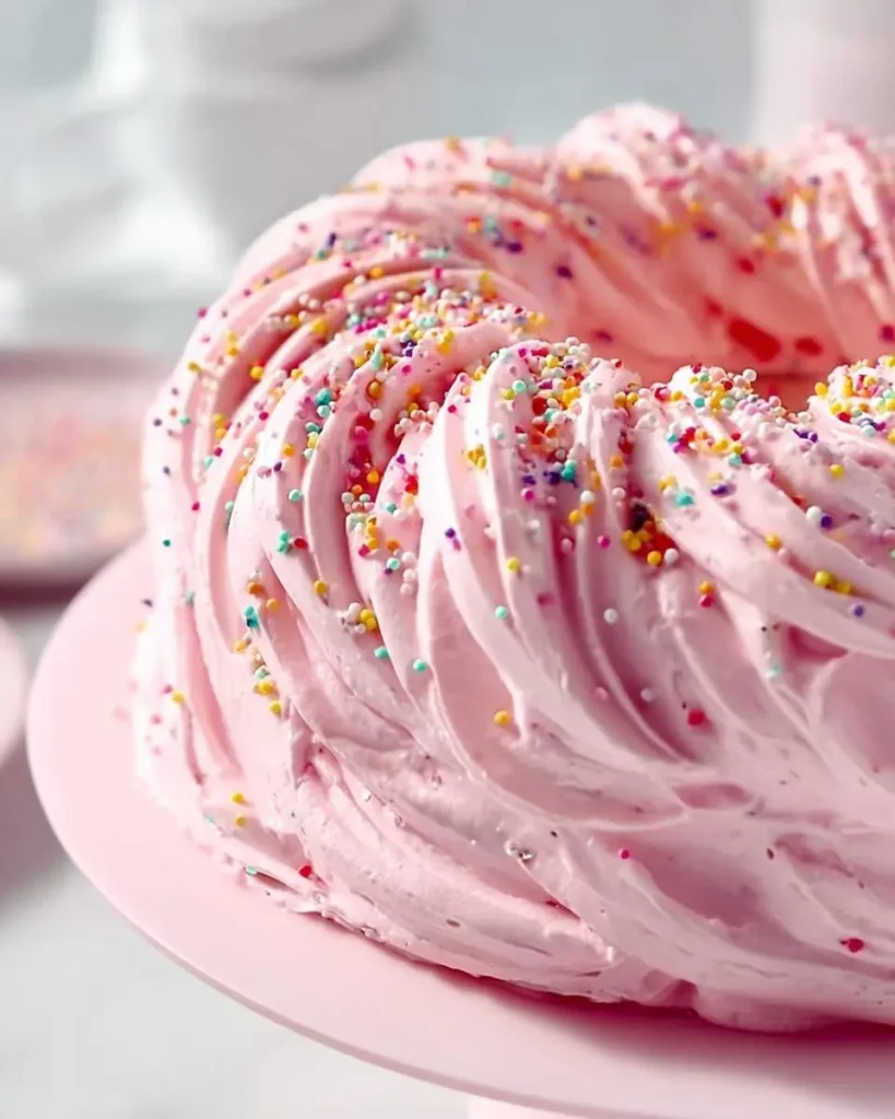 A close-up shot of a Fluffy Pink Angel Food Cake, beautifully decorated with swirled pink frosting and colorful sprinkles, on a matching pink cake stand.