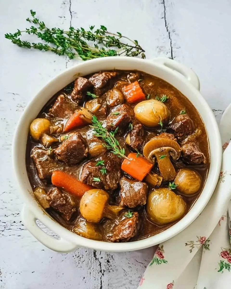 A rustic white bowl overflowing with classic French Beef Bourguignon, featuring tender beef, carrots, pearl onions, and mushrooms, garnished with fresh thyme sprigs on a white textured surface.