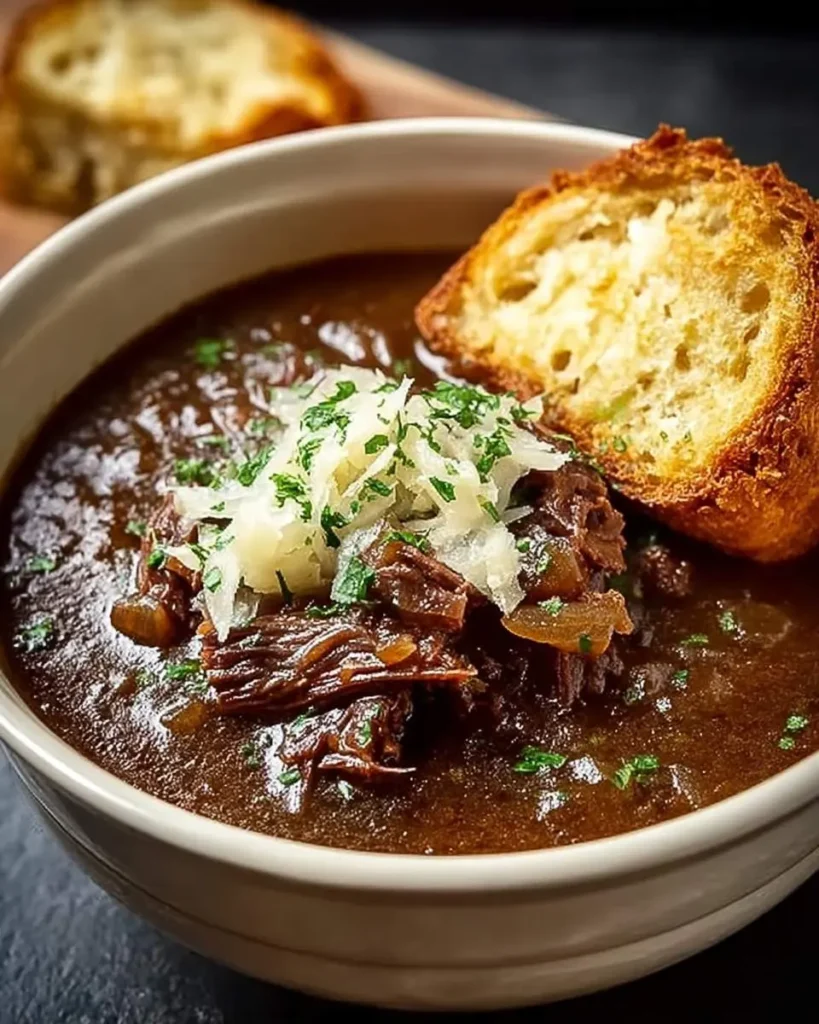 A close-up of a hearty bowl of french onion short rib stew topped with shredded cheese and fresh parsley, served with a golden toasted crouton.
