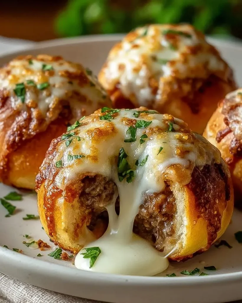 Close-up of golden-brown Garlic Parmesan Cheeseburger Bombs on a white plate, one split open revealing a meatball and gooey melted cheese.