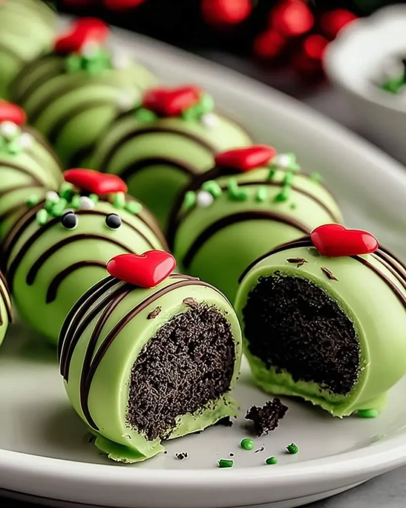 A plate of festive green Grinch Oreo Balls decorated with chocolate stripes and red hearts, one cut in half revealing a dark interior.
