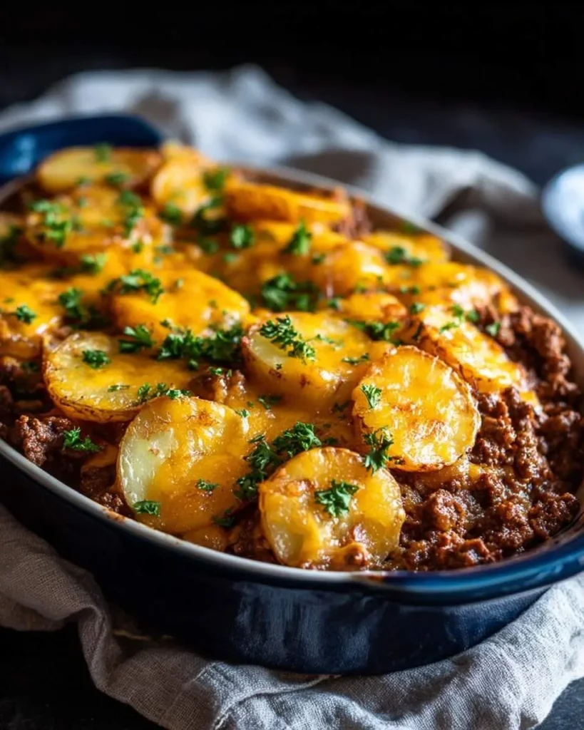 A delicious casserole of ground beef and potatoes topped with melted cheddar cheese and fresh parsley, served in a blue baking dish.