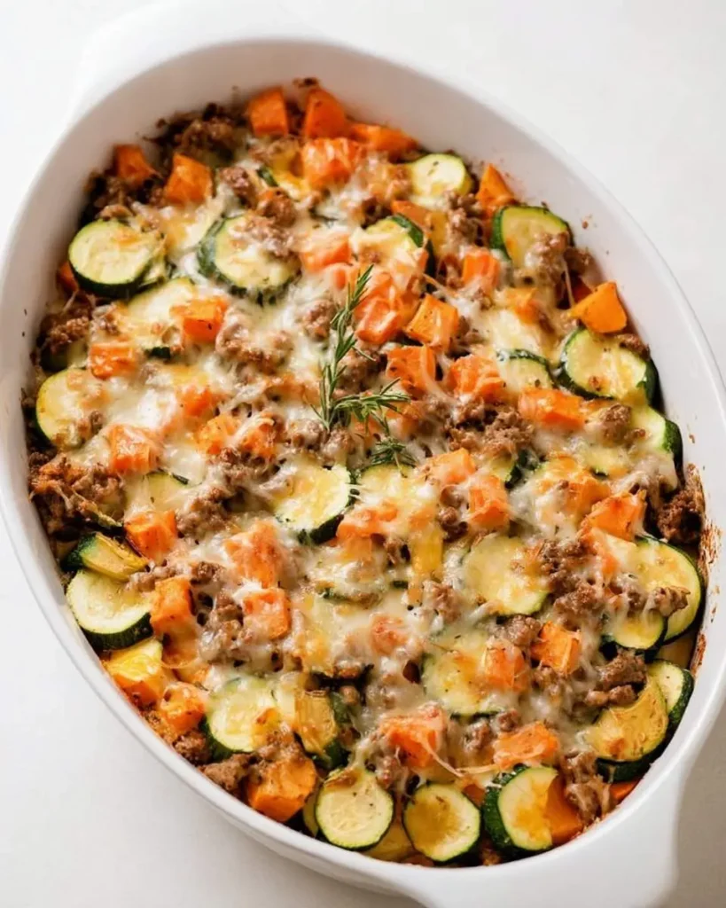 A cheesy ground turkey zucchini casserole with sweet potatoes and fresh rosemary in a white oval baking dish.