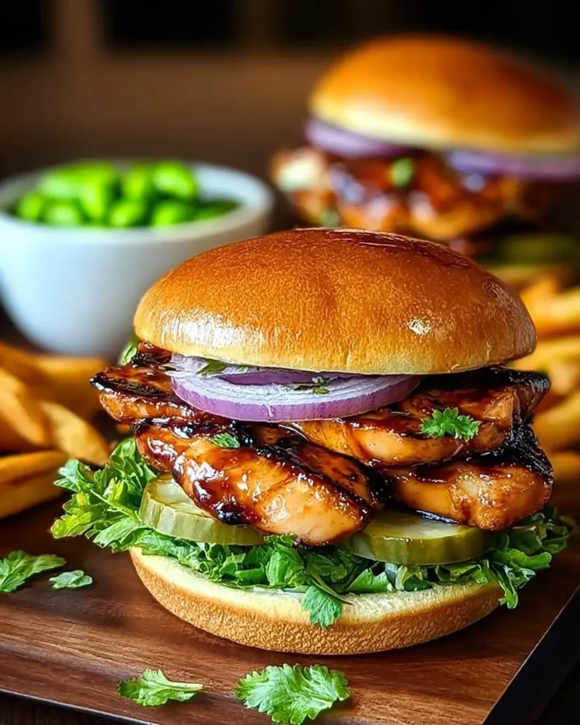 Close-up of a glossy-bunned Hawaiian Chicken Sandwich with grilled chicken, red onions, pickles, and fresh lettuce on a wooden board.