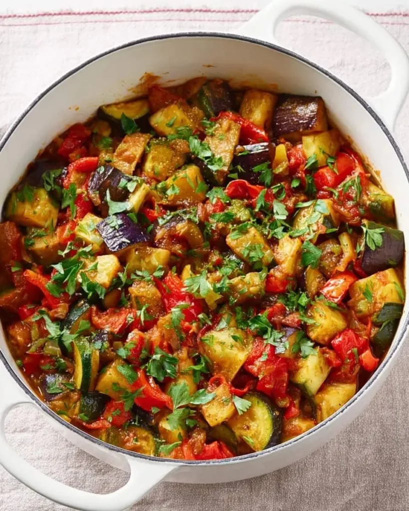 Vibrant Homemade French Ratatouille in a white pot, with chunky eggplant, zucchini, and red peppers, garnished with fresh parsley.