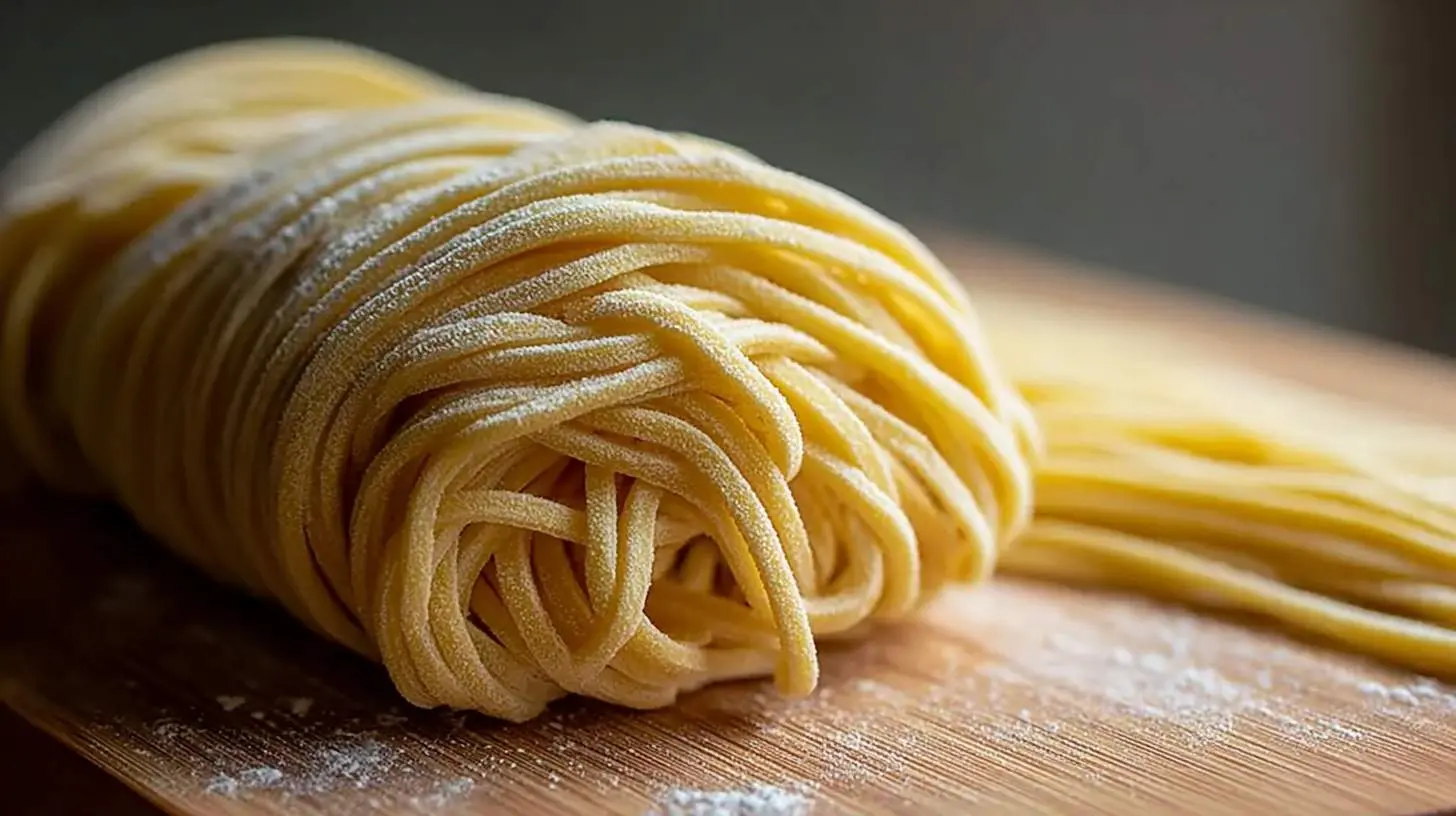 Fresh, uncooked ramen noodles, lightly dusted with flour on a wooden board, perfect for a delicious homemade ramen noodles recipe.