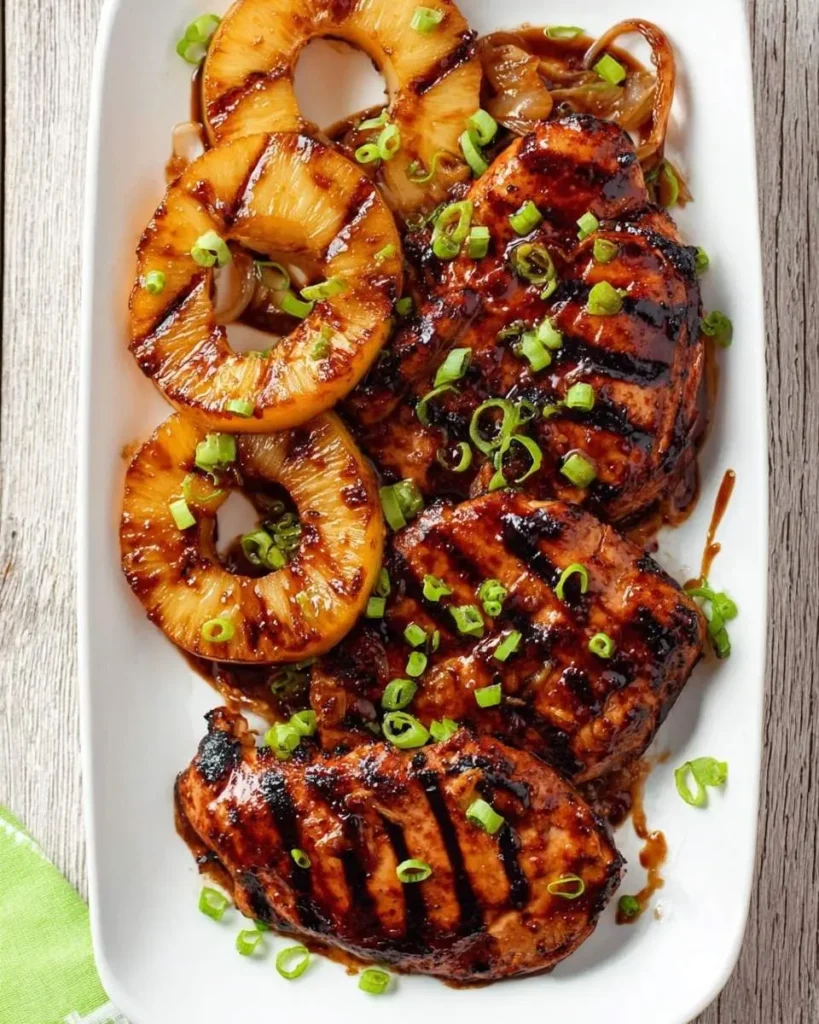 Grilled Huli Huli Chicken breasts with dark grill marks are served on a white platter alongside caramelized pineapple rings and green onions.