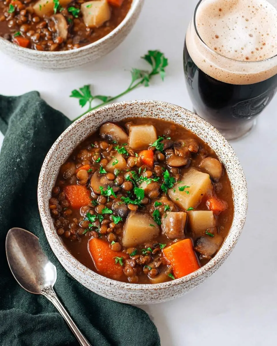 A hearty bowl of Irish Vegetarian Stew with lentils, potatoes, and mushrooms, served with a dark stout beer.