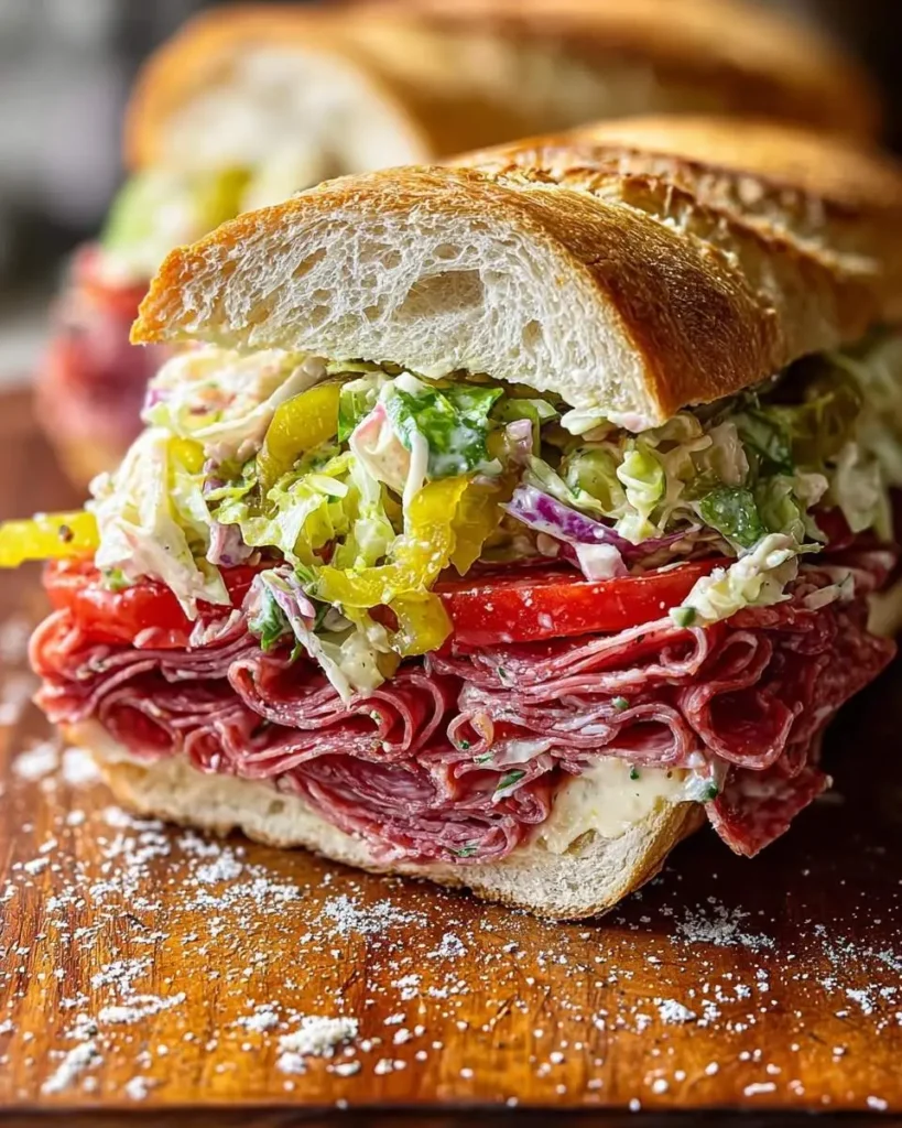 A close-up of a generously filled Italian Grinder Salad Sandwich, featuring layers of cured meats, tomatoes, and creamy slaw.