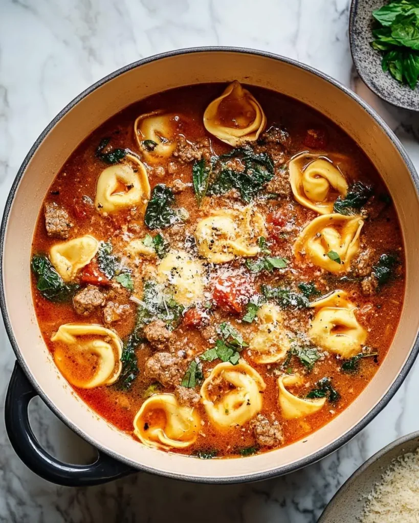 A hearty pot of Italian Sausage Tortellini Soup brimming with cheese tortellini, crumbled sausage, spinach, and tomatoes, garnished with Parmesan.