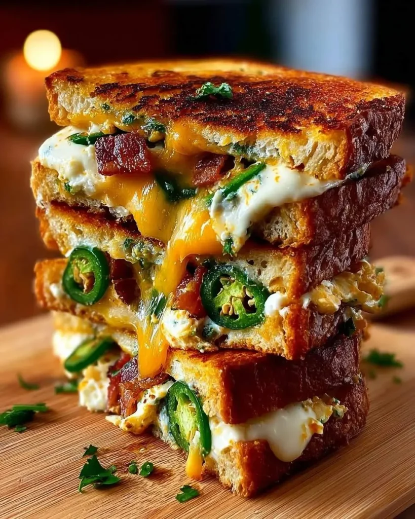 A mouth-watering stack of golden-brown Jalapeno Popper Grilled Cheese sandwiches with gooey melted cheese, crispy bacon, fresh jalapeños, and creamy filling oozing out.