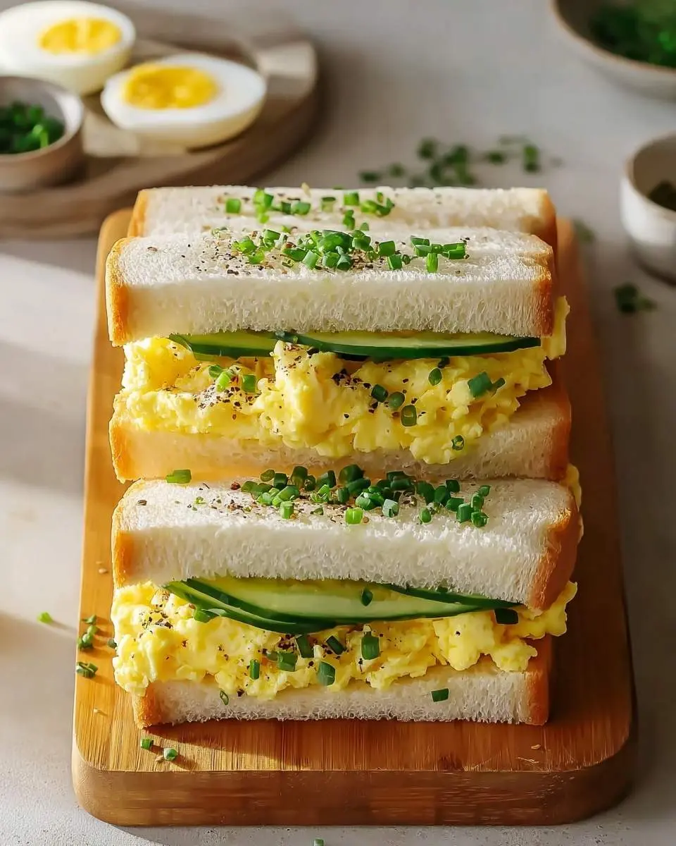 A stack of three delicious Japanese Egg Sandwiches, filled with creamy egg salad, fresh cucumber slices, and topped with chives on a wooden board.