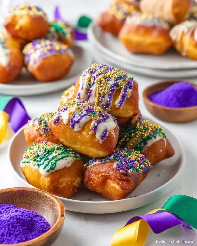 A pile of golden King Cake Beignets topped with white icing and festive purple, green, and gold sprinkles, alongside Mardi Gras ribbons.
