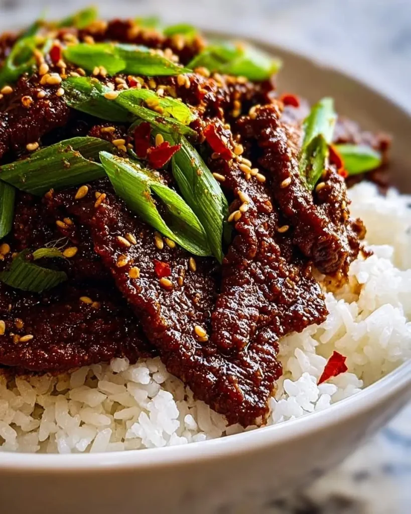 Close-up of a bowl of glossy Korean Beef Bulgogi topped with green onions, sesame seeds, and red chili flakes, served over white rice.