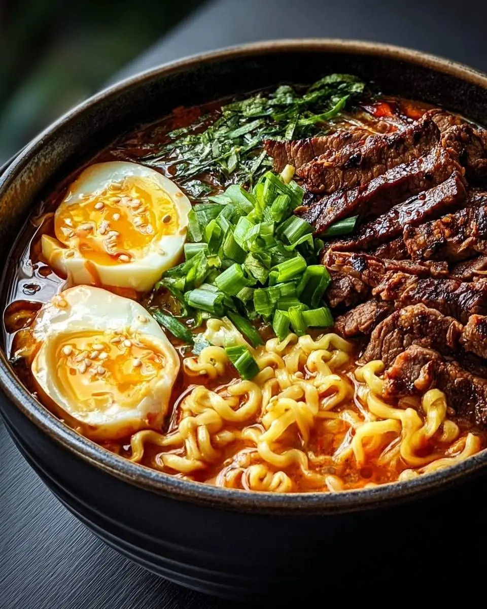 A close-up of a delicious bowl of korean beef ramen, featuring perfectly cooked noodles, sliced beef, soft-boiled eggs, and green onions.