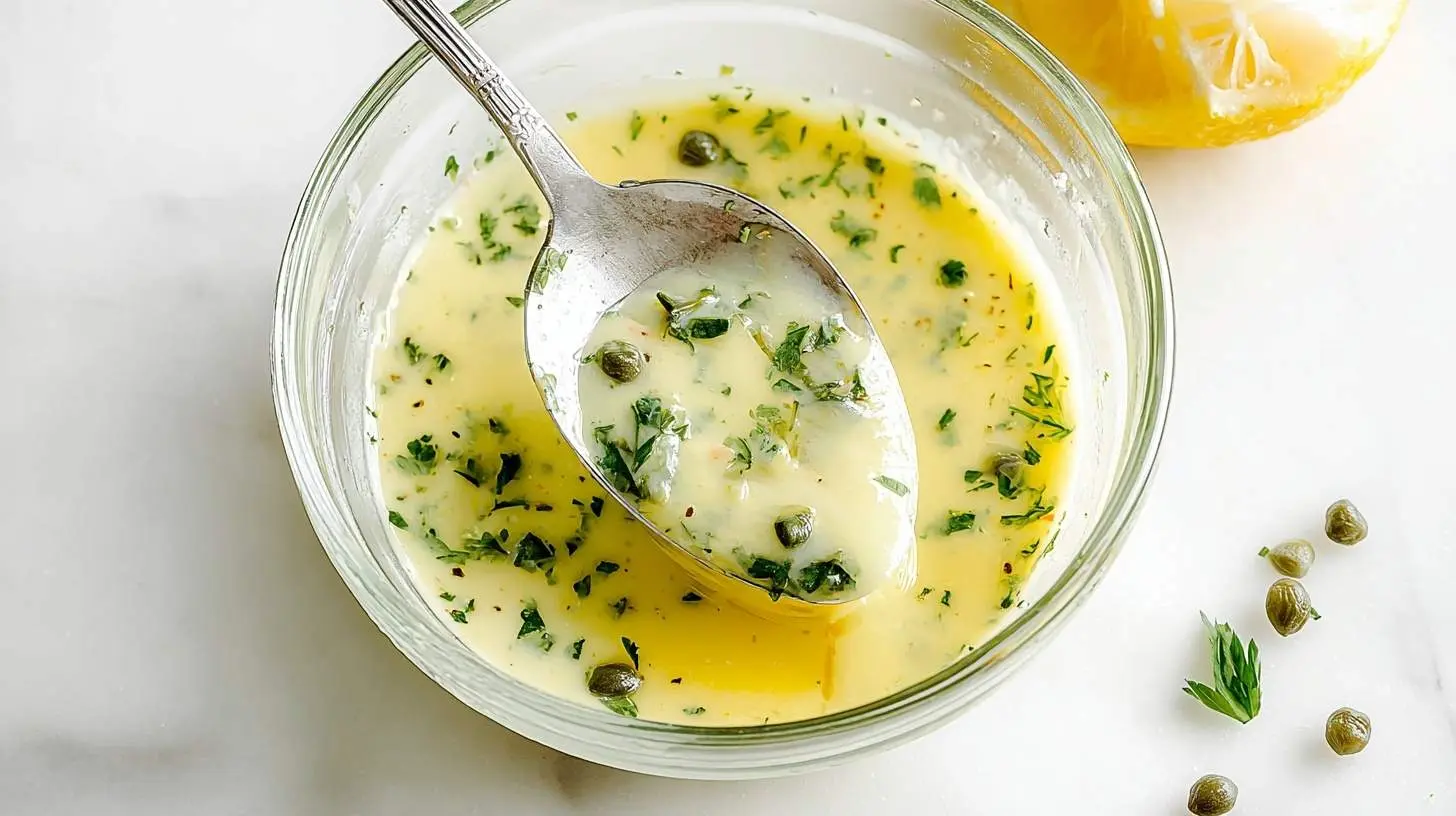 A close-up of a spoon scooping creamy lemon caper sauce from a glass bowl, with a lemon wedge and capers on a white surface.