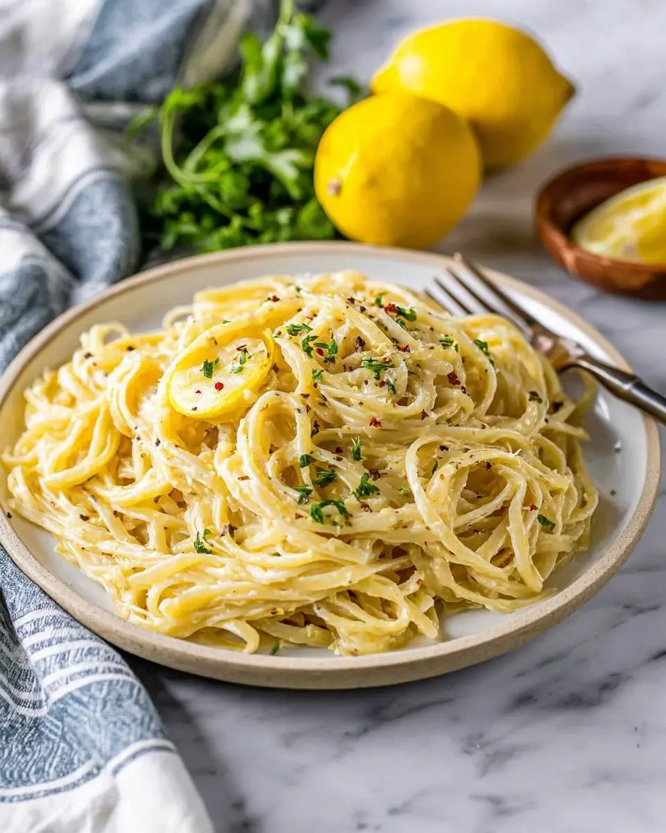 Lemon Spaghetti 2 A plate of creamy Lemon Spaghetti garnished with parsley, red pepper flakes, and lemon slices, with whole lemons and herbs in the background.