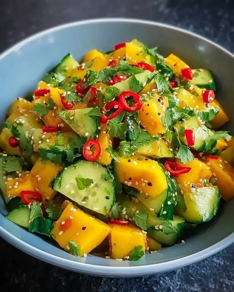 A vibrant mango cucumber salad with red chilies, fresh cilantro, and sesame seeds in a light blue bowl.