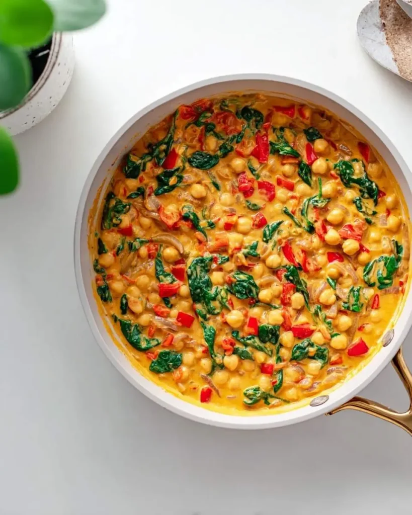 A pan of creamy Marry Me Chickpeas, featuring chickpeas, spinach, diced red peppers, and onions in a rich golden sauce.