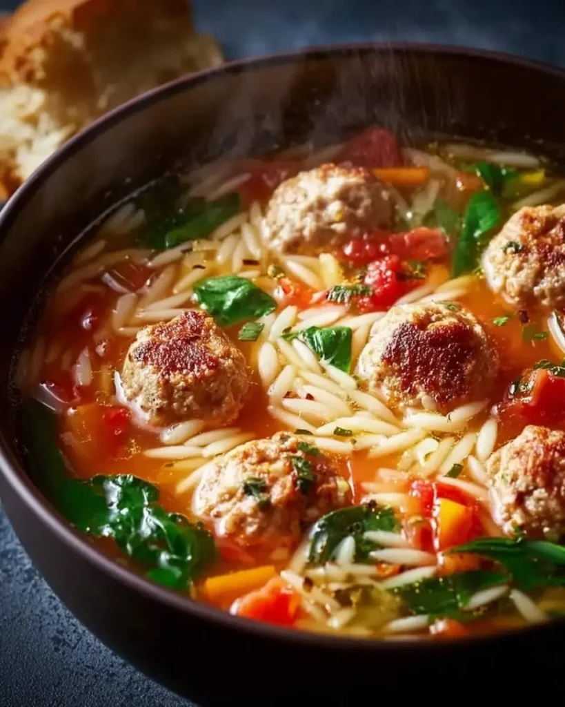 A close-up of a steaming bowl of hearty meatball orzo soup with tiny pasta, meatballs, spinach, and diced tomatoes, with bread in the background.