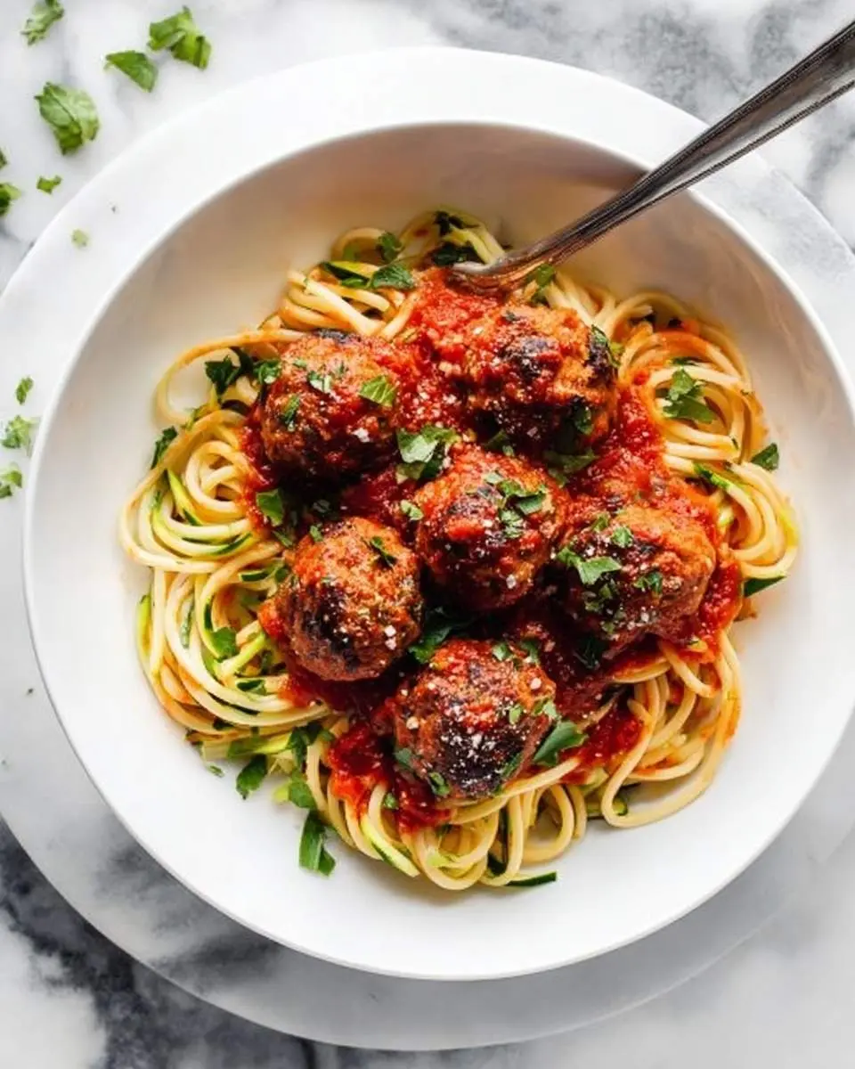 A white bowl of classic meatballs and spaghetti, featuring six large meatballs in red sauce with fresh herbs.