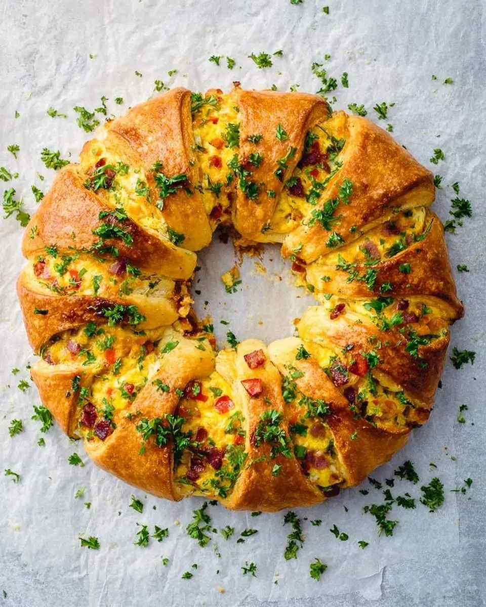 A golden Mediterranean Crescent Ring, filled with scrambled eggs, red peppers, and bacon, garnished with fresh parsley.
