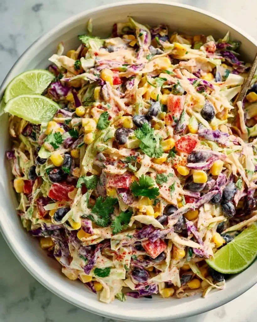 A colorful bowl of Mexican Coleslaw Recipe with shredded cabbage, corn, black beans, red pepper, creamy dressing, cilantro, and lime.