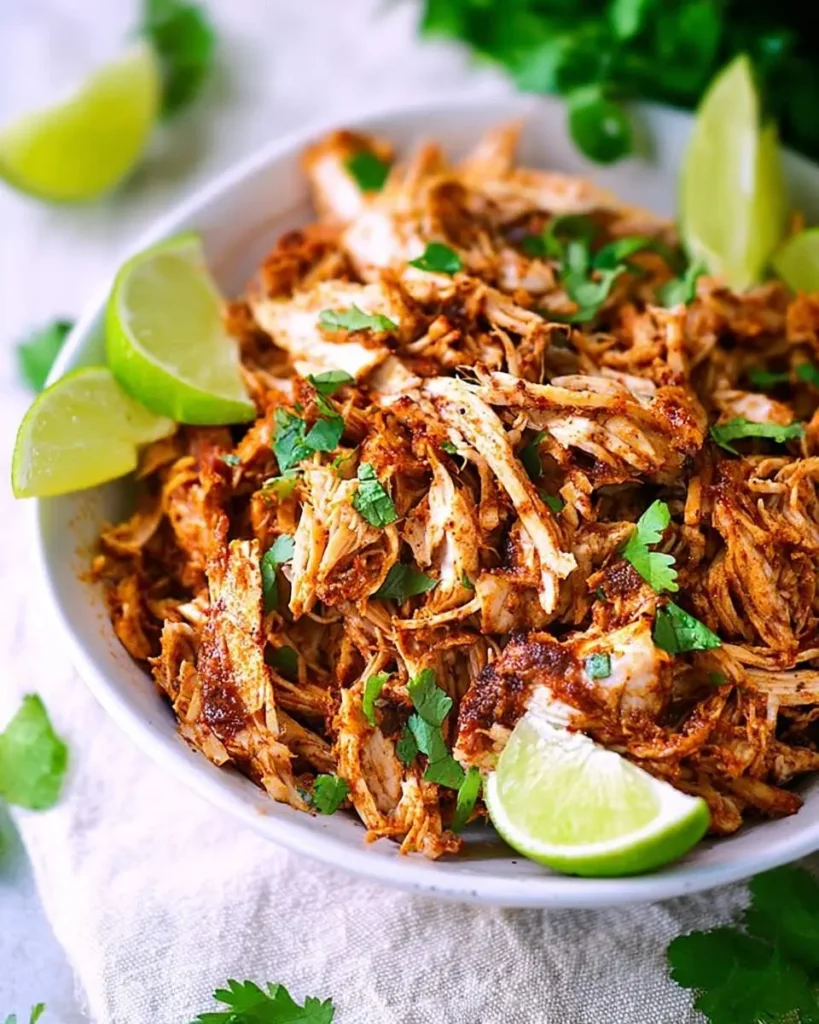 Vibrant Mexican Pulled Chicken in a white bowl, garnished with fresh green cilantro and bright lime wedges, ready to be served.