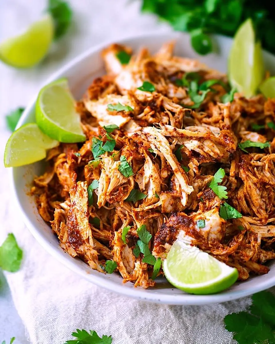 Vibrant Mexican Pulled Chicken in a white bowl, garnished with fresh green cilantro and bright lime wedges, ready to be served.