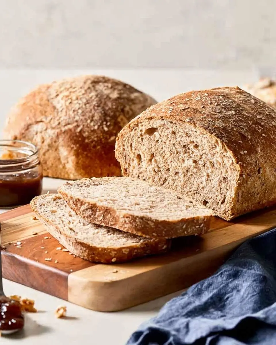 A freshly baked loaf of sliced Multigrain Bread on a wooden board, with another loaf and a jar of jam in the background.