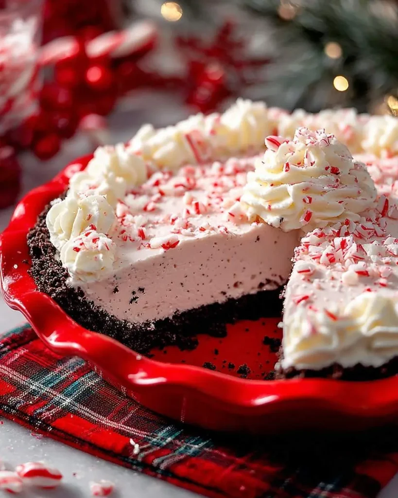 A beautiful No Bake Christmas Peppermint Pie in a red dish with a slice removed, topped with whipped cream and crushed candy canes.