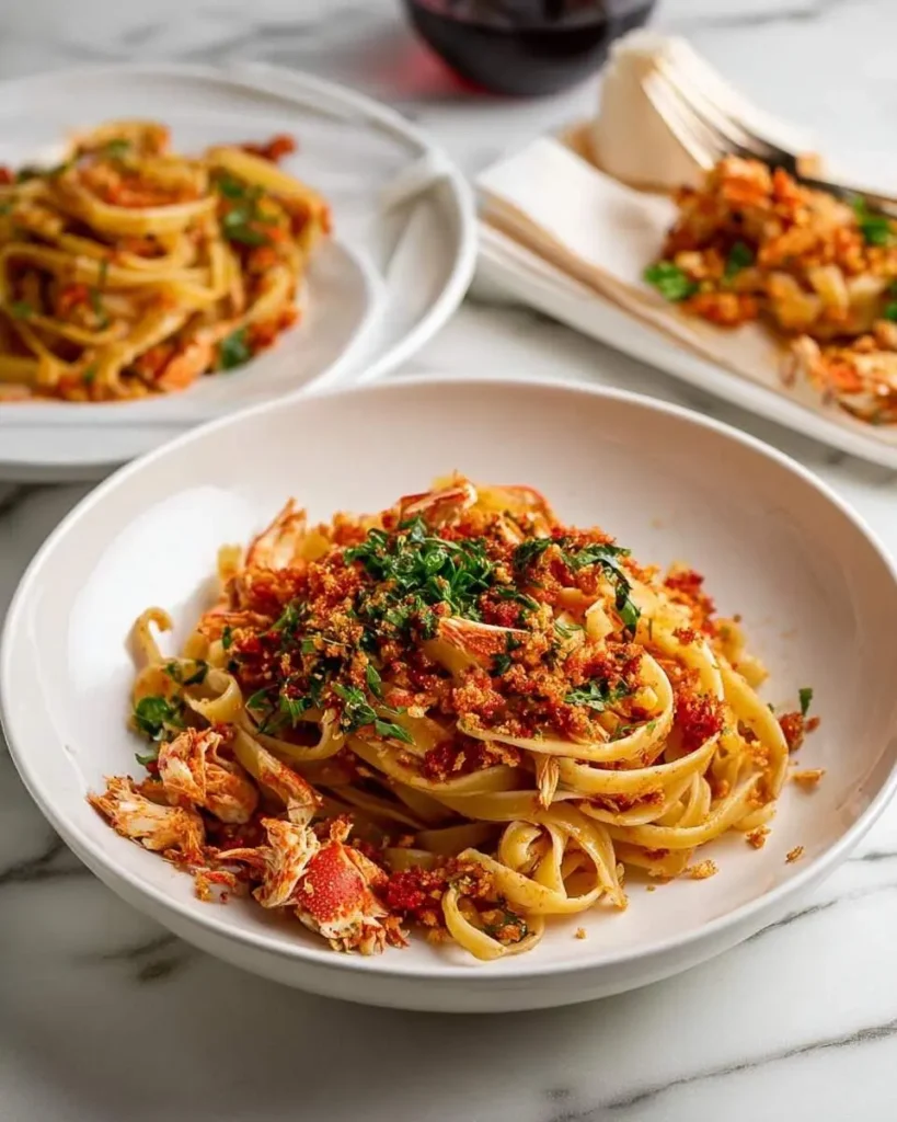 A close-up shot of a delicious bowl of Pasta with Spicy Crab, garnished with fresh herbs and toasted breadcrumbs on a white marble table, with other plates in the background.