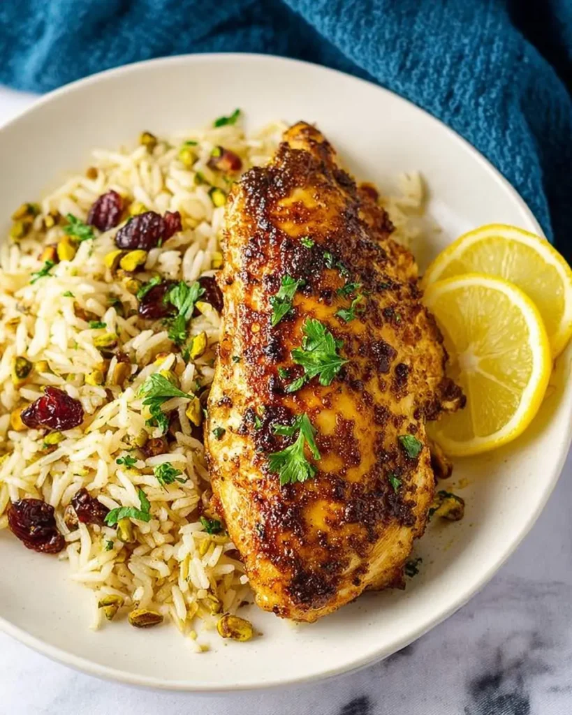 A succulent, spiced persian chicken breast served on a white plate with fluffy rice, pistachios, cranberries, parsley, and lemon slices.