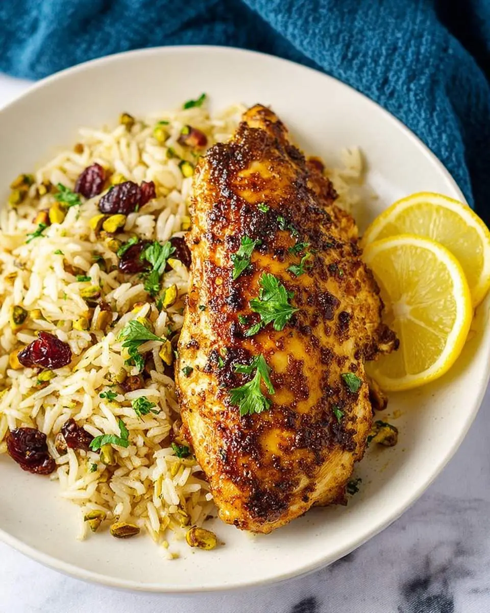 A succulent, spiced persian chicken breast served on a white plate with fluffy rice, pistachios, cranberries, parsley, and lemon slices.