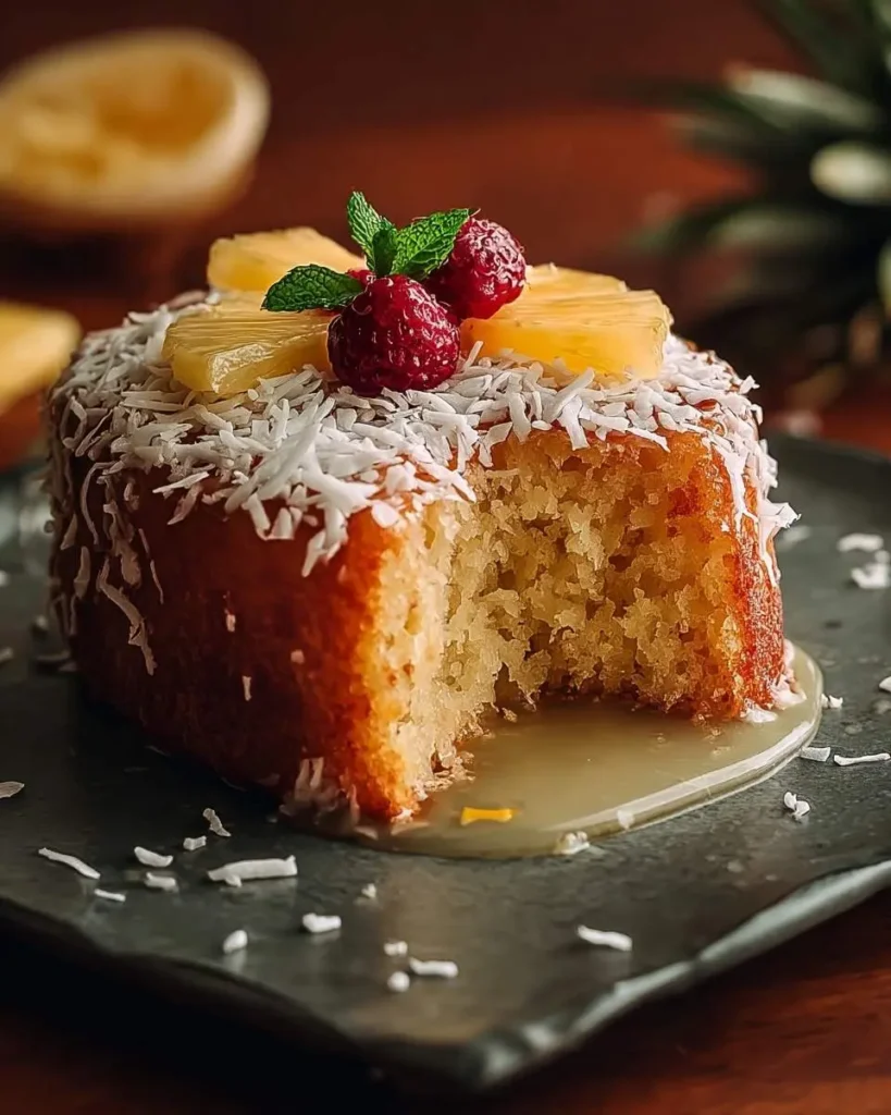 A moist slice of pina colada pound cake, topped with shredded coconut, pineapple, raspberries, and mint, with a sweet sauce.