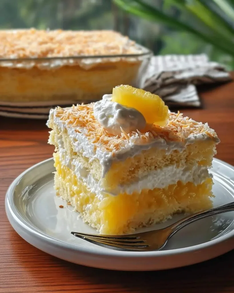 A delicious slice of pineapple coconut dream cake with layers of sponge, creamy filling, and pineapple, topped with whipped cream, toasted coconut flakes, and a fresh pineapple wedge, served on a white plate with a fork.