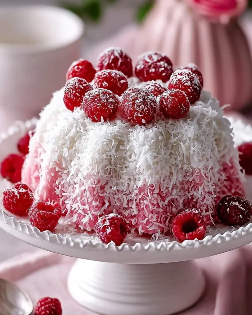 A beautiful raspberry coconut snowball cake, pink and white, covered in shredded coconut and topped with fresh red raspberries on a white ruffled cake stand.